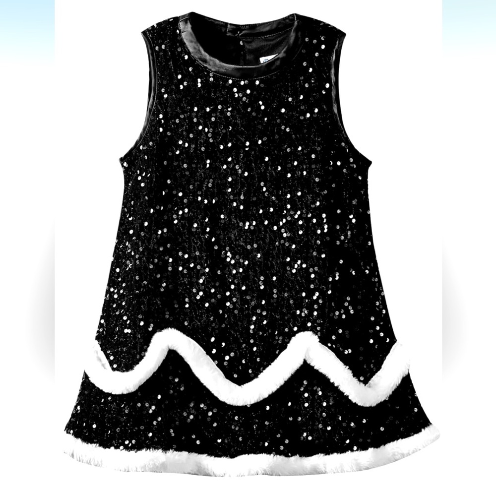 NWT WELAKEN Girls' Sequin Dress A-Line Sleeveless Sparkly w/Faux Fur Trim, Sz